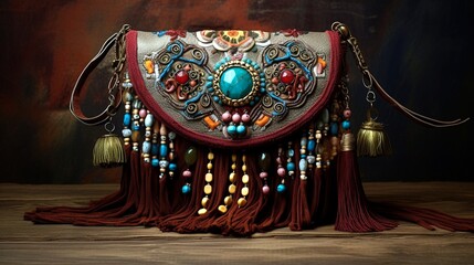 A bohemian-style purse adorned with tassels and beads, capturing a free-spirited vibe.