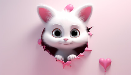 Heartfelt Surprise: Little Kitten Peeking from a Heart-Shaped Hole in Pink, Embracing Valentine's Day Love
