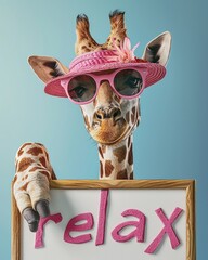 a lovely giraffe wearing a pink hat and sunglasses is holding a board with "relax" in pink letters. Leisure or vacation concept. Generative AI