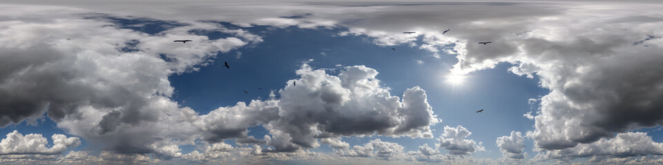 Fototapeta premium 360 hdri panorama of blue overcast skydome with flock of birds in cumulus clouds, seamless sky panorama view with zenith for use in 3d graphics or game development or edit drone shot