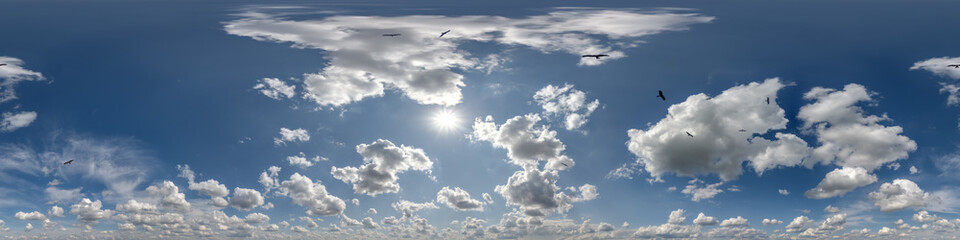 seamless cloudy blue sky 360 hdri panorama view flock of birds in beautiful clouds for use in 3d...