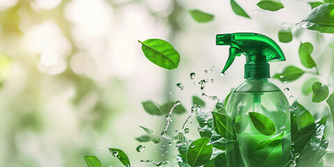 eco friendly cleaning green spray detergent in bottle, concept of spring cleaning housekeeping housework, clean bathroom house with sustainable environmentally friendly bio organic cleaning liquid