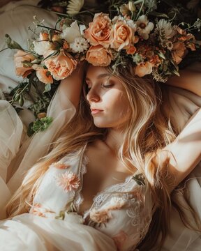 A serene bride adorned with a floral crown rests in a sunlit environment