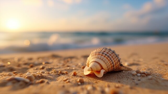 A close-up of a seashell on the sand on the beach in the back-light of sunset, background, generative ai