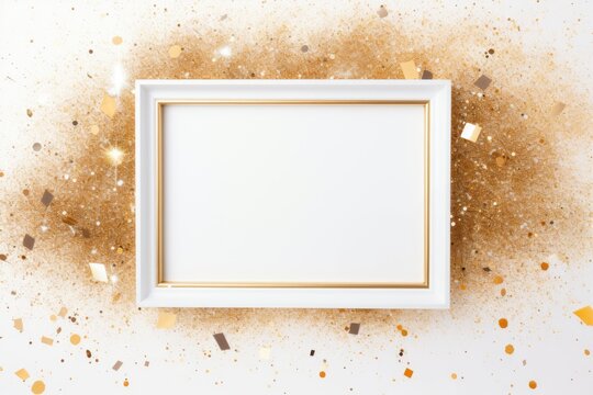 white empty photo frame on a gold background with candy. place for text 