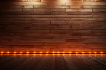 wooden wall and floor illuminated with LED strip. space for text