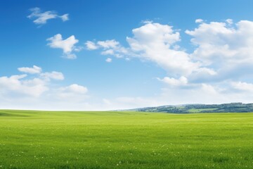 Obraz premium country landscape. a bright green field, blue sky with clouds on a clear day. a place for the text.