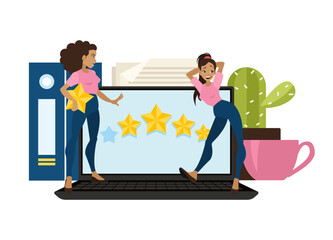 The concept of customer reviews, people giving a five-star rating and a review, positive reviews. Customer service and user experience. Flat vector illustration in cartoon style
