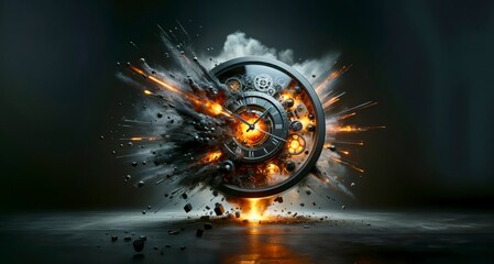 Time's Fury Unleashed: Exploding Clock Artwork with Dynamic Gear Fragments and Fiery Sparks