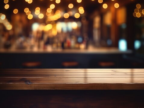 blurred background of restaurant bar and dark brown wood desktop in retro style