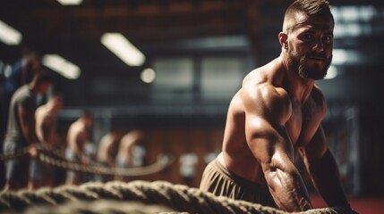 Man with battle rope doing exercise in gym - obrazy, fototapety, plakaty