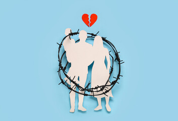 Torn heart with family figure and barbed wire on blue background. Domestic violence concept - obrazy, fototapety, plakaty