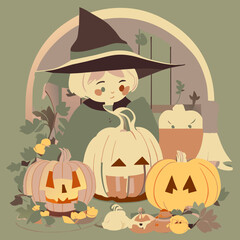 cute vector illustration of a witch with pumpkins