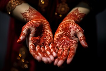 
Beautiful image of hands decorated with henna mehndi in common tradition during Diwali Festival