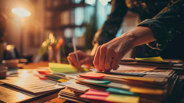 Focused young woman meticulously reviewing documents, surrounded by colorful sticky notes