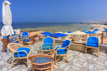Armchairs on the sunny beach in Marsa Alam, Egypt