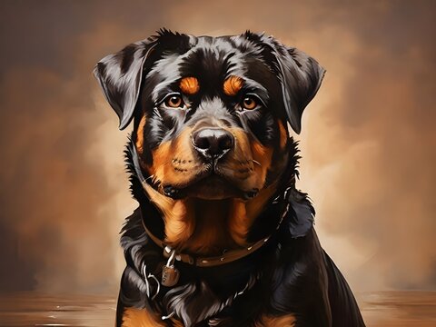 A painted portrait of a wet rottweiler dog on a brown background. Generative AI