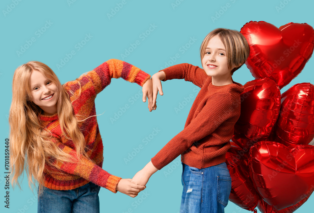 Poster Little children with balloons making heart gesture on blue background. Valentine's Day celebration