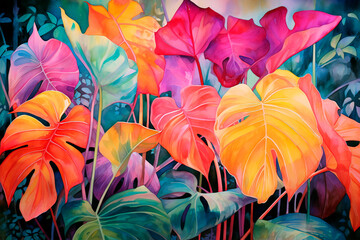 Fototapeta na wymiar Tropical flora explores beauty in a vibrant watercolor painting.