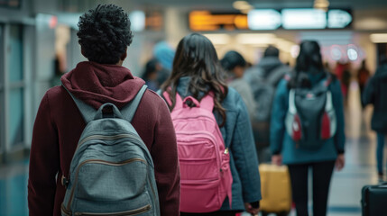 Individuals are seen from behind, waiting in line at an airport terminal