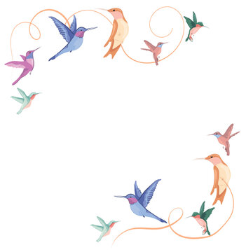 Spring frame with flying hummingbirds in vintage colors. Set of various hummingbirds. Vector image for banner, postcard, discounts, design.
