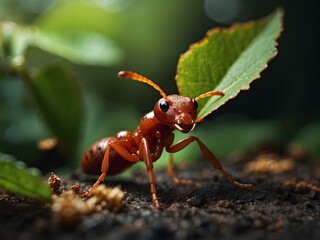A close-up of a fire ant carrying a leaf


