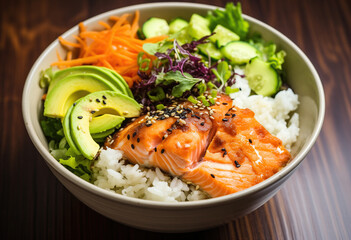 Avocado rice bowl with salmon fish steak tataki, avocado and vegetables