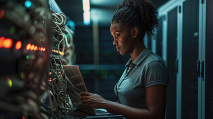 Focused IT professional using a laptop while standing in a server room with racks of network equipment illuminated by blue lights