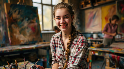 Fototapeta na wymiar Joyful young artist with paint on her face and clothes is standing in a colorful art studio filled with paintings.