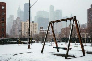 Empty children's playground covered in snow on a sunny winter day, with long shadows and bright sunlight