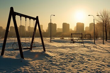 Fototapeta premium Empty children's playground covered in snow on a sunny winter day, with long shadows and bright sunlight