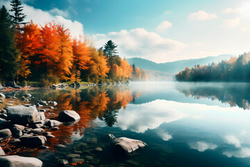 Tranquil lake mirrors vivid autumn foliage, creating a serene waterscape in a picturesque landscape.