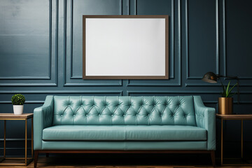 Poster with frames on empty wall in living room interior