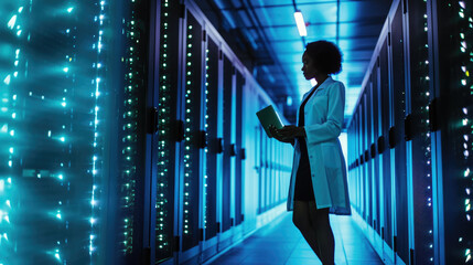 Focused IT professional using a laptop while standing in a server room with racks of network equipment illuminated by blue lights