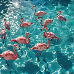 Vibrant pink flamingos standing in clear blue water with sparkling light reflections, creating a tranquil and exotic scene