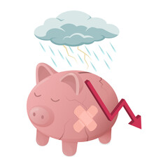 Broken sad piggy bank: financial failure
