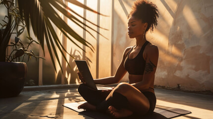 Young woman sitting cross-legged on a yoga mat, using a laptop during a virtual yoga class or...