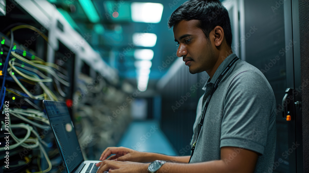 Aufkleber focused it professional using a laptop while standing in a server room with racks of network equipme