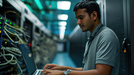 Focused IT professional using a laptop while standing in a server room with racks of network equipment illuminated by blue lights