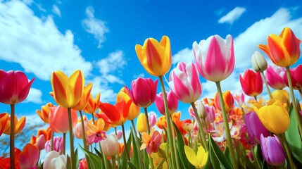 "A Burst of Tulips, Bold and Bright Against the Summer Sky."