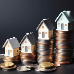 mini houses on a stacks of coins on black solid background. ai generative