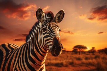 A wide angle shot of a zebra as the sun sets