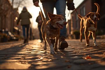 Dog walking in autumn park. Pet owner and mixed breed dog doing obedience training outdoors