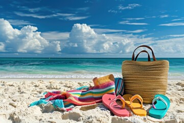 Straw hat and flip-flops resting on a colorful towel by the foamy sea edge, capturing the essence of a beach holiday