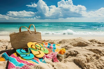 Straw hat and flip-flops resting on a colorful towel by the foamy sea edge, capturing the essence of a beach holiday