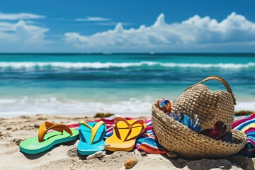 Obraz premium Straw hat and flip-flops resting on a colorful towel by the foamy sea edge, capturing the essence of a beach holiday