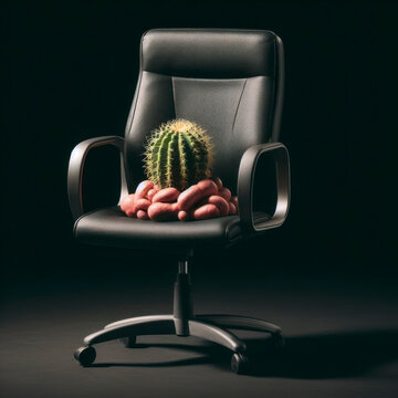 Office chair with cactus on the seat on a black background, hemorrhoids concept. ai generative