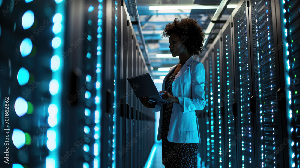 Aufkleber focused it professional using a laptop while standing in a server room with racks of network equipme
