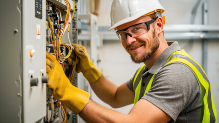 A professional electrician is smiling while working on a complex electrical panel