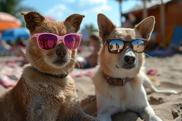 Cat and Dog Wearing Sunglasses on the Beach